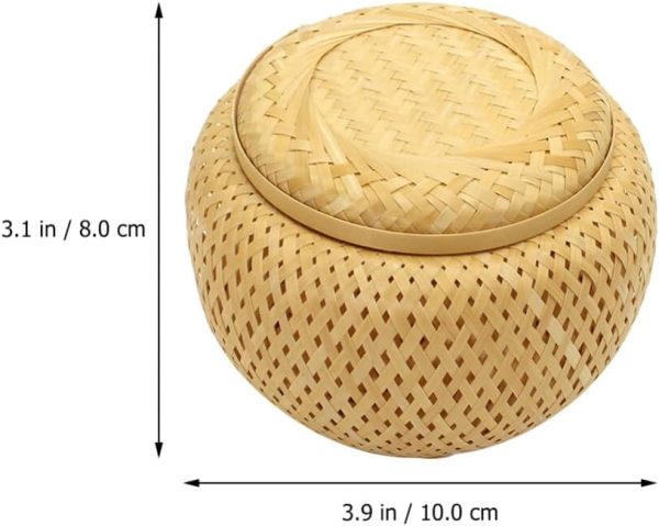 Bamboo Tea Basket with Lid Round Rattan Storage Jar Wicker Storage Baskets Woven Storage Canister Sticky Rice Steamer Baskets Snacks Fruit Basket Bamboo Weaving Steamer - Image 2
