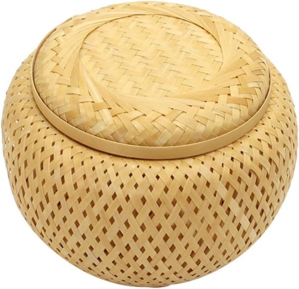 Bamboo Tea Basket with Lid Round Rattan Storage Jar Wicker Storage Baskets Woven Storage Canister Sticky Rice Steamer Baskets Snacks Fruit Basket Bamboo Weaving Steamer