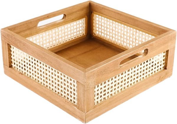 Woven Wooden Basket Wood Storage Crate Box, Decorative Rustic Basket Bamboo Basket with Built-In Handles for Kitchen Pantry, Cabinet, Office, Bedroom, Rustic Country Decor (Brown)
