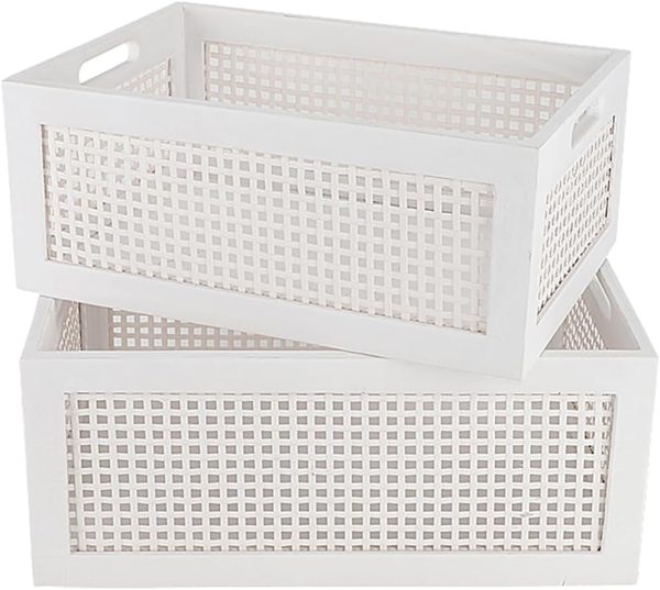 Wood Storage Baskets, Rattan Storage Baskets, Desk Office Drawer Storage Box. (White-Set2)