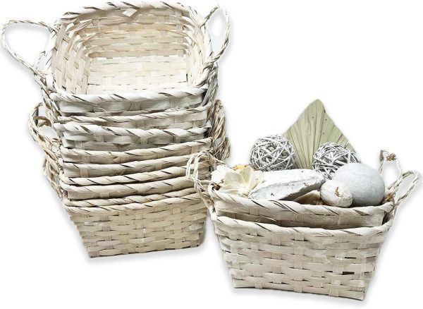 Bamboo Basket Set of 12 - White Wash Rect 8" w/Ear Handles - Multipurpose Gift & Storage Basket