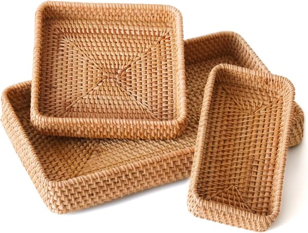 Rattan Serving Tray, Rectangle Basket Set of 3, Wicker Storage and Organizing Baskets, Natural Decorative Woven Tray for Home Decor, Bathroom, Kitchen Counter