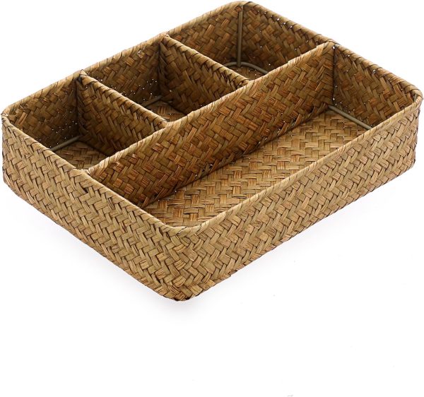 Desk Drawer Organizer Tray, Coffee Station Organizer Tea Bag Organizer, Woven Seagrass Storage Basket with 4 Divided Sections Handwoven Wicker Storage Basket for Shelves, Pantry, Coffee Bar