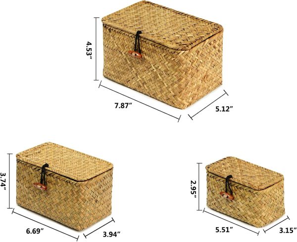 Shelf Baskets with Lid Set of 3 Handwoven Seagrass Storage Box Wicker Basket Desktop Makeup Organizer Multipurpose Container (Original (S/M/L) - Image 2