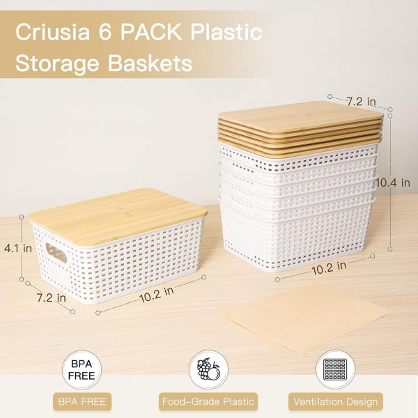 6 Pack Plastic Storage Baskets With Bamboo Lid, Stackable Storage Baskets for Organizing Desktop Closet Shelves Drawers Pantry Organization Office Playroom Classroom - Image 2