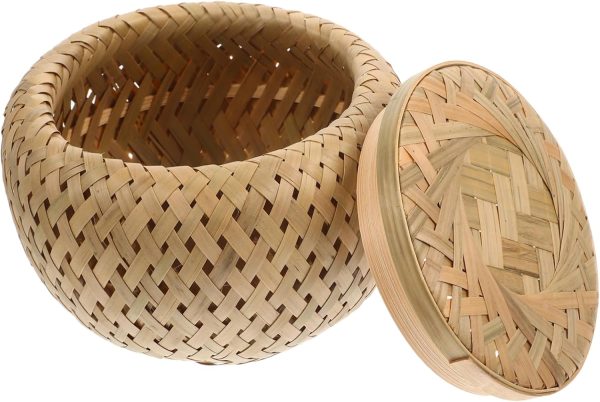 Bamboo Woven Storage Basket Lid Rattan Bread Basket Decorative Hamper for Fruits Multifunctional Desktop Organizing Basket
