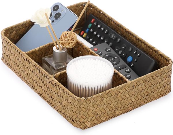Desk Drawer Organizer Tray, Coffee Station Organizer Tea Bag Organizer, Woven Seagrass Storage Basket with 4 Divided Sections Handwoven Wicker Storage Basket for Shelves, Pantry, Coffee Bar - Image 2