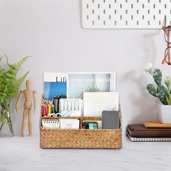 Woven Storage Basket Natural Seagrass Vertical Wicker Storage Baskets with 4 Compartments Desk Organizers and Storage Magazine File Holder Home Office Supplies Sorter Rack, Caramel - Image 2