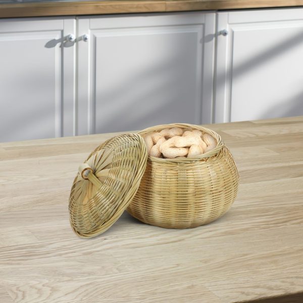 Bamboo Woven Basket with Lid Round Storage Organizer for Stationery and Snacks Bamboo Storage Basket for Home and Daily Use - Image 2