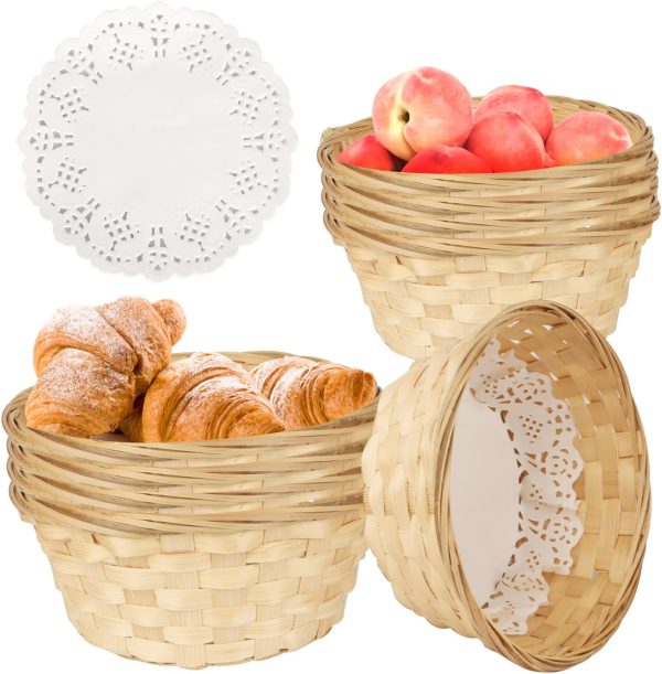 10 Pcs Round Bamboo Gift Basket,  7.9 x 7.9 x 3.5 Inch Woven Bread Baskets for Serving, Fruit and Food Serving Basket for Picnic Restaurant (Give Food Blotting Sheets)