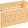 Rattan Storage Basket Handmade Natural Bamboo Woven Storage Bin with Wooden Frame & Handles Decorative Wicker Box for Rustic Farmhouse Boho Decor Home Office Tabletop Shelf Organizer, Small