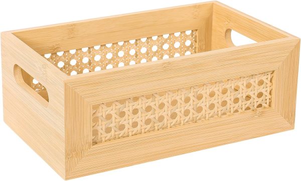 Rattan Storage Basket Handmade Natural Bamboo Woven Storage Bin with Wooden Frame & Handles Decorative Wicker Box for Rustic Farmhouse Boho Decor Home Office Tabletop Shelf Organizer, Small