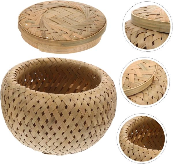 Bamboo Woven Storage Basket Lid Rattan Bread Basket Decorative Hamper for Fruits Multifunctional Desktop Organizing Basket - Image 2