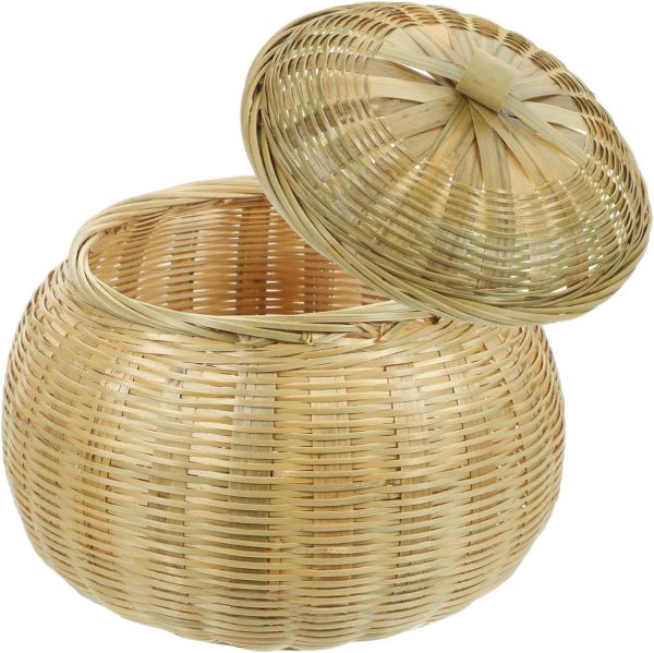 Bamboo Woven Basket with Lid Round Storage Organizer for Stationery and Snacks Bamboo Storage Basket for Home and Daily Use