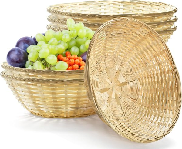 6 Pack Bamboo Bread Basket, 12 Inch Round Gift Baskets, Natural Bamboo Woven Wicker Berry Fruit Basket Food Storage Bin for Picnic Kitchen Restaurant