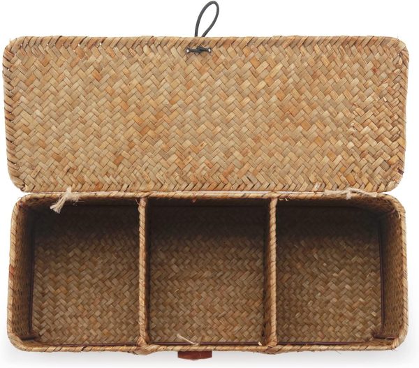 Seagrass Tank Basket with Lid Woven Toilet Roll Storage Basket with Sections Rectangular for Organize Snack Toys Tampon (Large Compartment 16.5inch L x 5.5inch W x 5.5inch H) Natural - Image 2