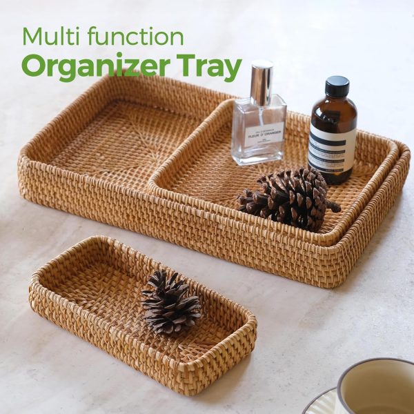 Rattan Serving Tray, Rectangle Basket Set of 3, Wicker Storage and Organizing Baskets, Natural Decorative Woven Tray for Home Decor, Bathroom, Kitchen Counter - Image 2