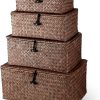 Set of 4 Wicker Storage Baskets Organizer，Handwoven Storage Bins with Lid for Organizing, Home Utility Box for Home Office Supplies Multipurpose Container(Coffee)