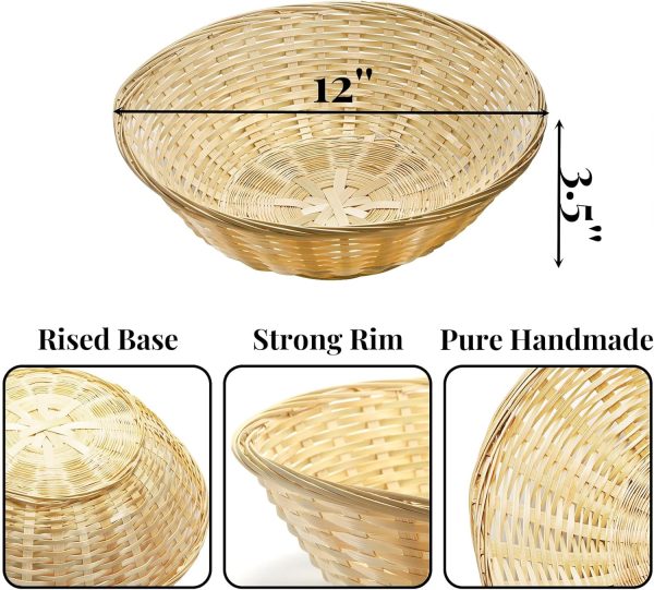 6 Pack Bamboo Bread Basket, 12 Inch Round Gift Baskets, Natural Bamboo Woven Wicker Berry Fruit Basket Food Storage Bin for Picnic Kitchen Restaurant - Image 2