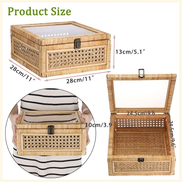 Rattan Decorative Box with Clear Lid and Lock - Large Wicker Storage Basket Bin Handwoven Natural Rattan Basket Organizer Wood and Cane Display Box for Shelf Home Decor,11"x11"x5.1" - Image 2