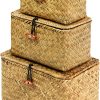 Shelf Baskets with Lid Set of 3 Handwoven Seagrass Storage Box Wicker Basket Desktop Makeup Organizer Multipurpose Container (Original (S/M/L)
