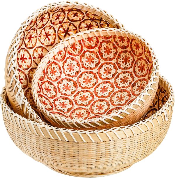 Set of 3 Wicker Woven Storage Basket, Bamboo Bread Basket Round Rattan Serving Basket Farmhouse Decor for Fruits, Vegetables, Potatoes, Stackable 9.6"/8"/7"