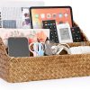 Woven Storage Basket Natural Seagrass Vertical Wicker Storage Baskets with 4 Compartments Desk Organizers and Storage Magazine File Holder Home Office Supplies Sorter Rack, Caramel