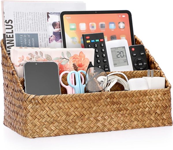 Woven Storage Basket Natural Seagrass Vertical Wicker Storage Baskets with 4 Compartments Desk Organizers and Storage Magazine File Holder Home Office Supplies Sorter Rack, Caramel